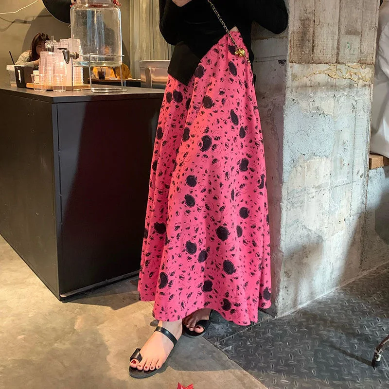 Summer Ladies New Pink Printing Elastic Waist Mid-Length AWord Skirt