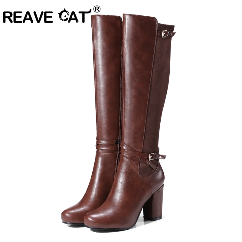 REAVE CAT Women knee-high boots Stretch Round toe Fashion botas Quality footwear shoes Thick Heel  A956