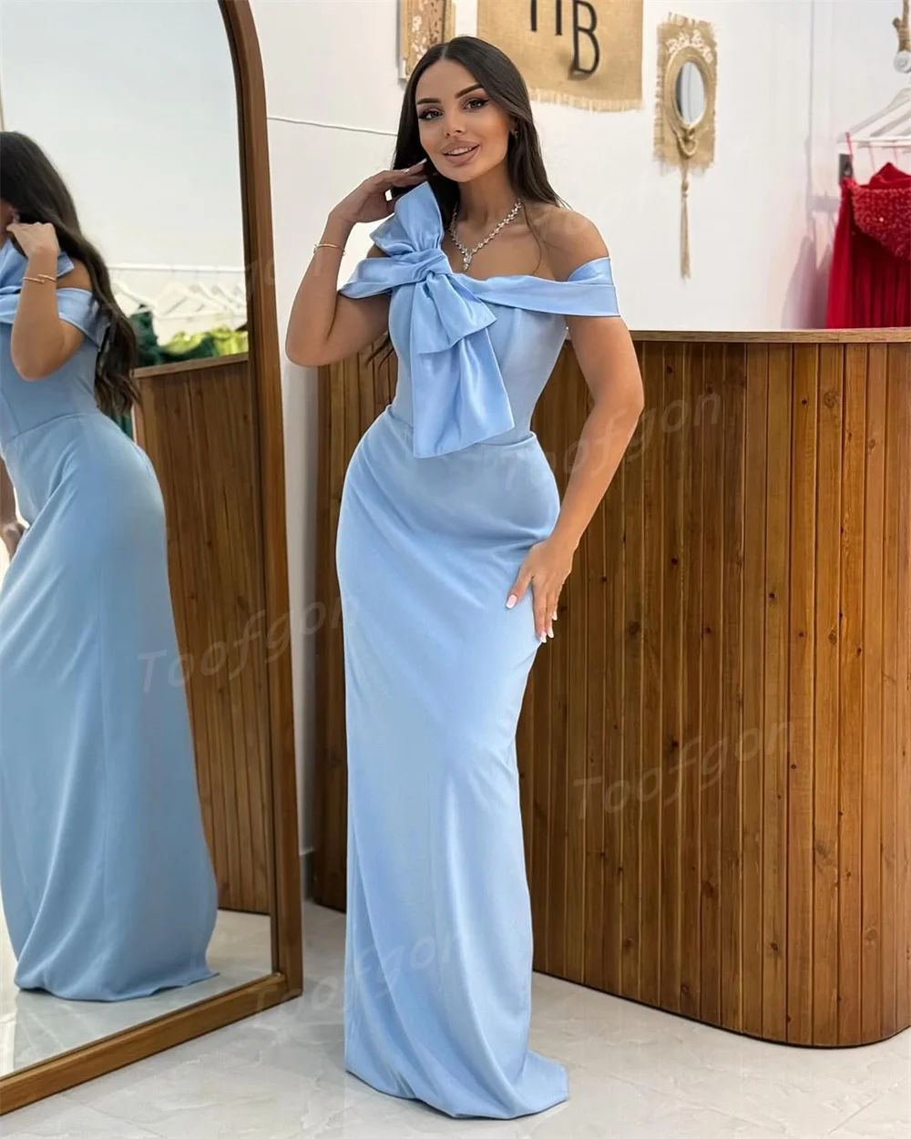 Toofgon الأزرق حورية البحر الساتان فساتين سهرة مخصصة للنساء قبالة الكتف القوس فساتين حفلات 2025 مناسبة رسمية فستان الحفلات