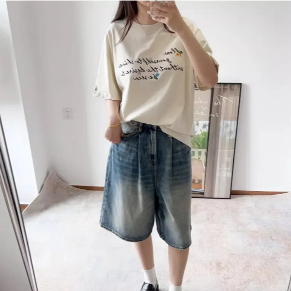 2025 Spring and Summer Denim Blue Nostalgic Wide-leg Denim Mid-pants for Women