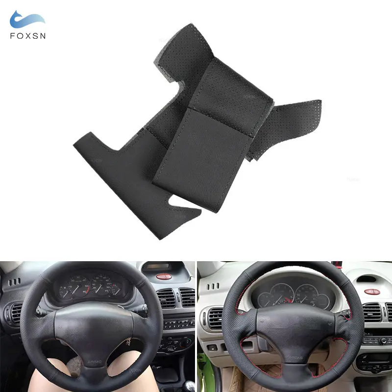 For Peugeot 206 1998 -2005 206 SW 2003 2004 2005 DIY Hand-sew Car Steering Wheel Cover Black Perforated Leather Accessories Trim