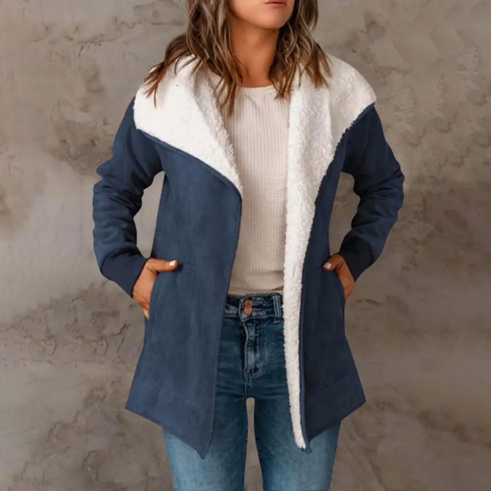 Women Solid Color Jacket Warm Plush Lapel Cardigan Jacket with Pockets for Women Cozy Fall Winter Coat with Elastic Cuff Mid