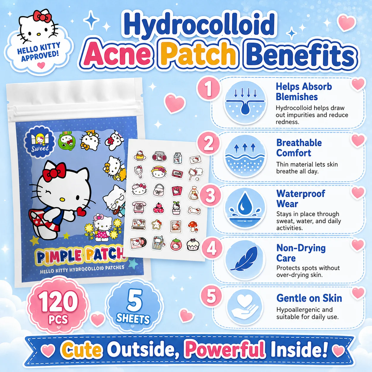 120PCS hello kitty Acne patches, facial acne patches, hydrogel acne removal patches, concealer