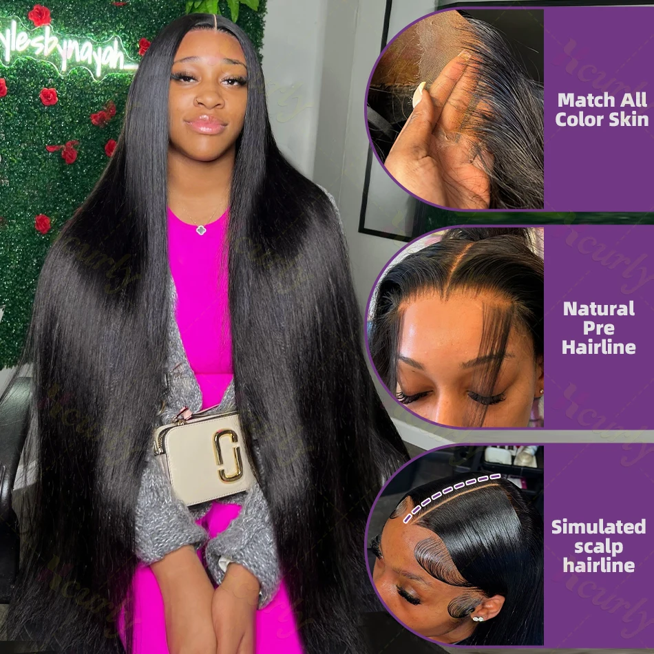 30 34Inch Bone Straight Wig Humam Hair 13x6 HD Lace Frontal Wig 13x4 Lace Front Wig 5x5 Glueless Lace Closure Wig For Women 200%