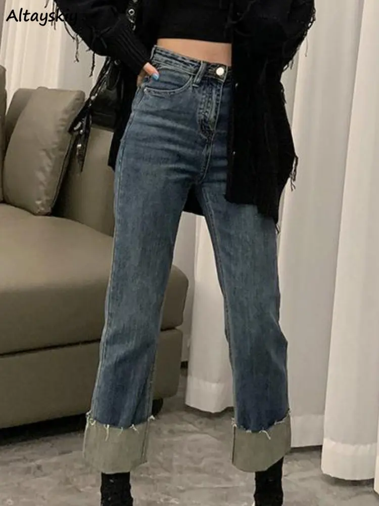 Cuff Straight Jeans Women Denim Ankle-length Vintage Ulzzang Students Spring All-match Streetwear Chic Designed Ins Hot Bottoms