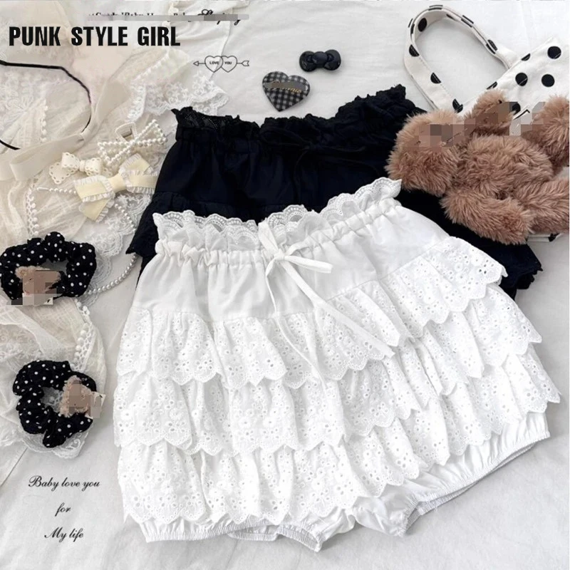 2024 Solid Harajuku Women Kawaii White Black Shorts Lolita Style Cotton Embroidered Lace Pumpkin Shorts Vintage Kawaii Bloomers