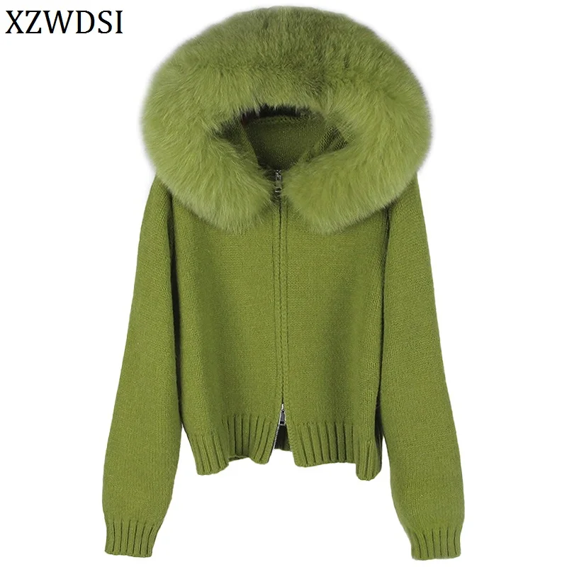 

2025 женский вязаный кардиган, пальто, зимняя теплая повседневная верхняя одежда с дышащим капюшоном, роскошная куртка с воротником из лисьего меха