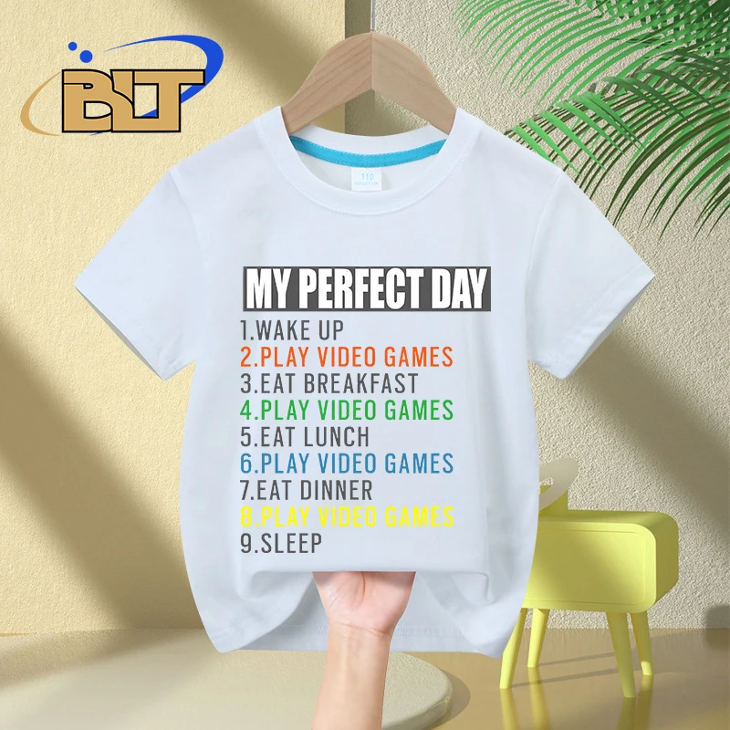 Camiseta impressa My Perfect Day para meninos e meninas, algodão puro infantil, tops casuais de manga curta, presentes de verão