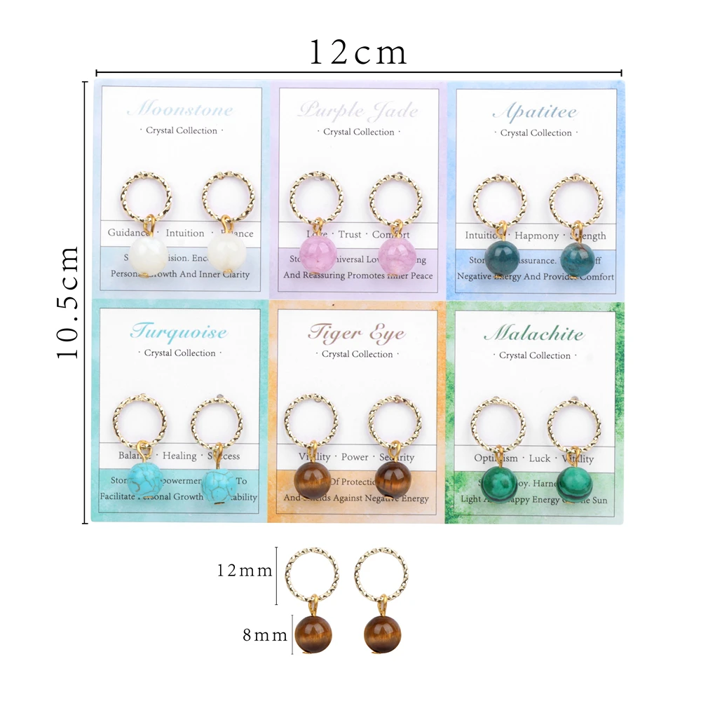 6 pairs/Set Fashion Ear Studs 8mm Natural Stone Agat Quartzs Earrings Set Elegant Colorful Bead Earrings for Women Jewelry Gift