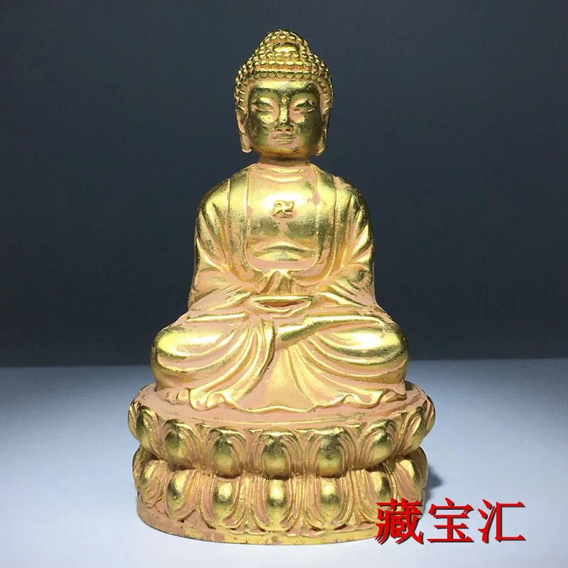 Folk Unearthed Old Item Brass Gilded Carved Sakyamuni Tathagata Buddha Statue Living Room Decoration Ornament