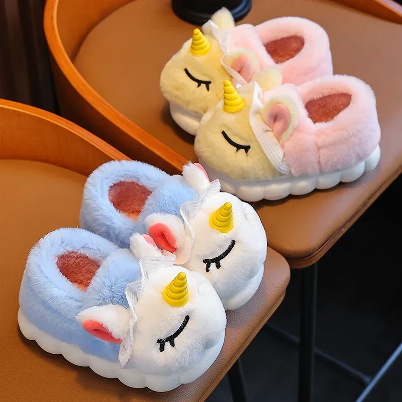 Winter Wrap Heels Kids Plush Slippers Cartoon Unicorn Children\'s Indoor Flip Flops Non-Slip Girls Boys Warm House Cotton Shoes