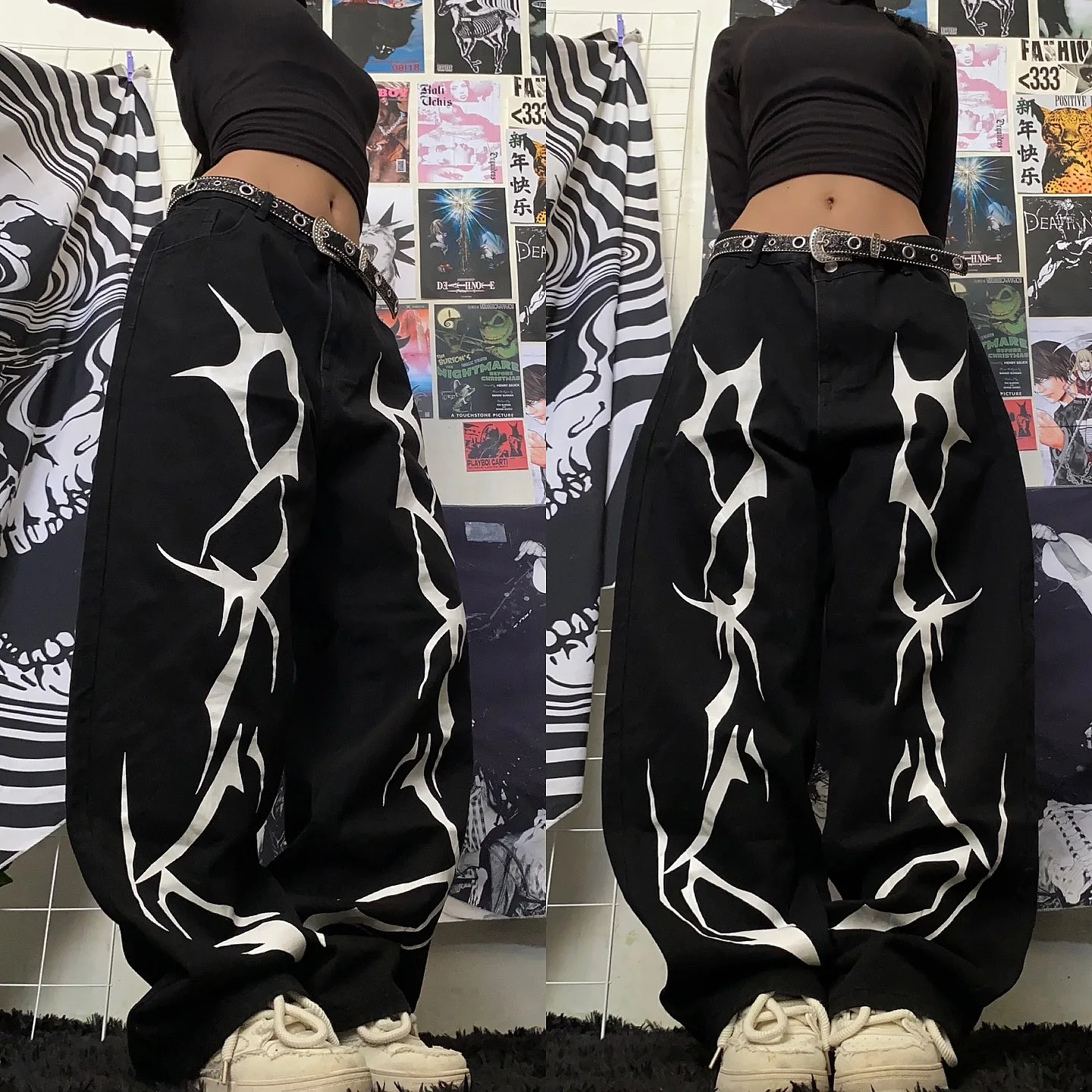 

American retro black jeans personalized print skateboard high street hiphop wide leg pants loose hiphop street wear trousers