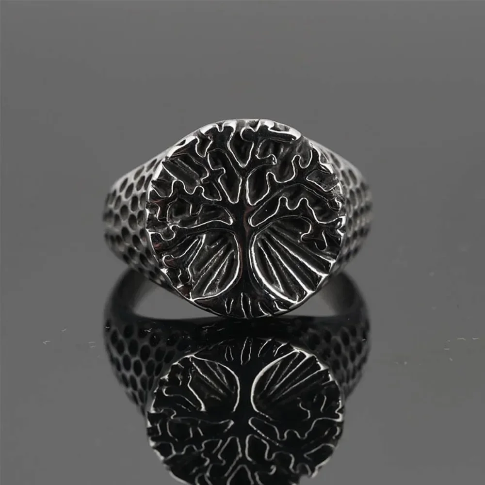 CHUANGCHENG Fashion Hip Hop Vintage Personality Minimalist Jewelry Tree of Life Men's Stainless Steel Ring Size 6-13