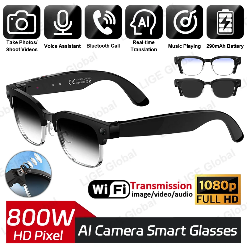 

LIGE 800W Camera Smart Glasses 1080P Video Recording 290mAh AI Recognition Translation Sunglasses Voice Call Photochromic Lenses
