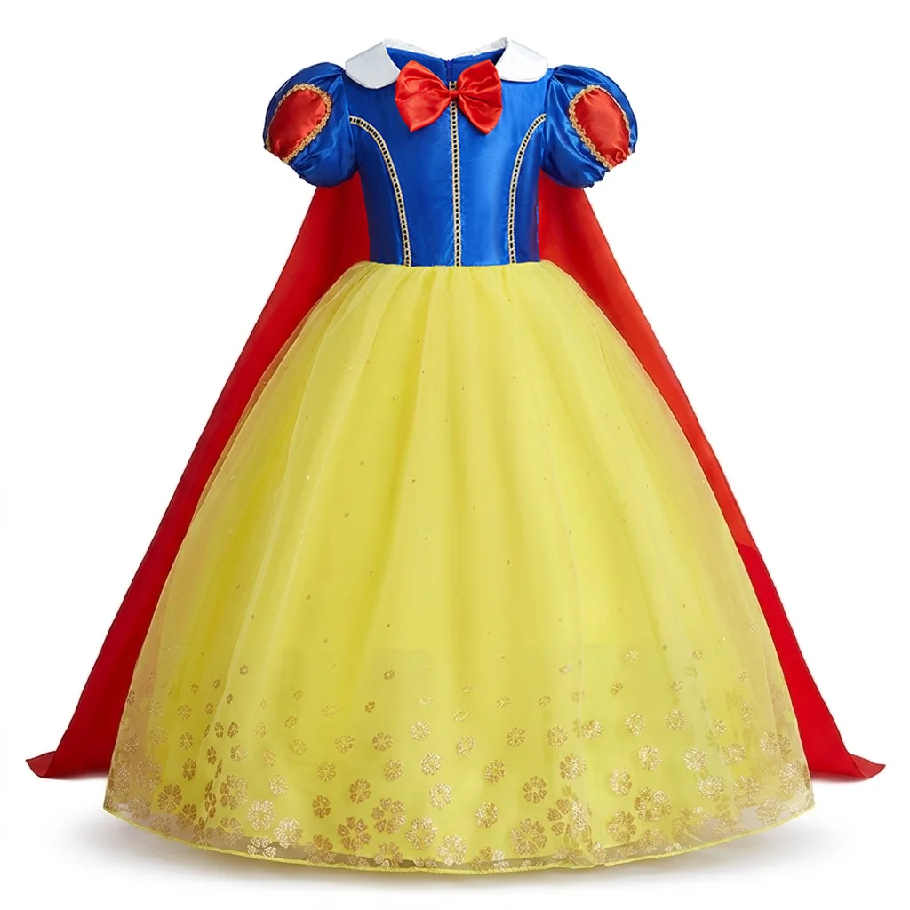 Kids Fairy Tale Cosplay Dress Yellow Tulle Party Gown Set with Cape and Toy Accessories for Girls Birthday and Stage Performance