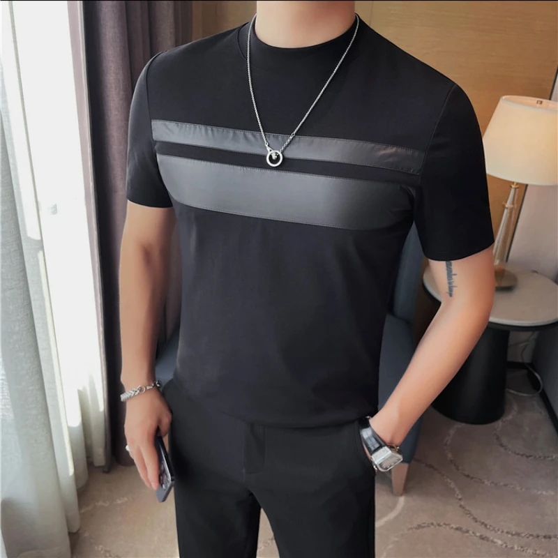 2024 Summer Striped T-shirts Men Short Sleeve Casual Tshirts Slim Round Necked Business Social Tee Tops Streetwear Men Clothing