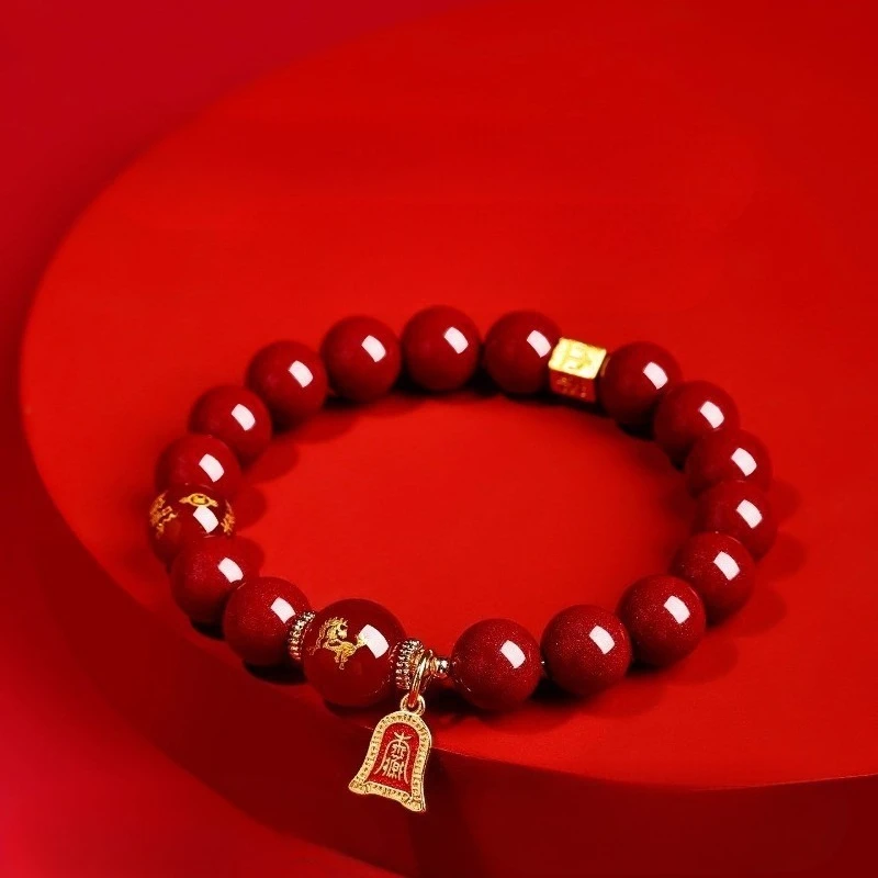 Chinese Style 2026 Year Of Horse High Content Purple Gold Cinnabar Bracelet 8mm 10mm 12 Zodiac Lucky Blessing Wealth Attracting