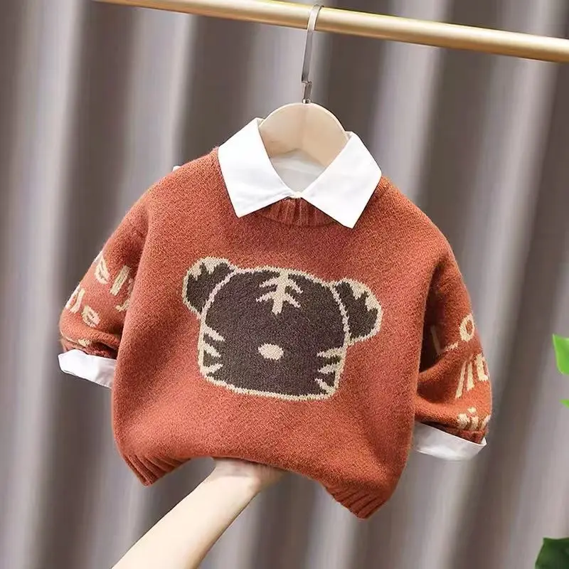 

Baby boy's sweater, 2023 new winter sweater base coat with velvet thickening brim children to keep warm