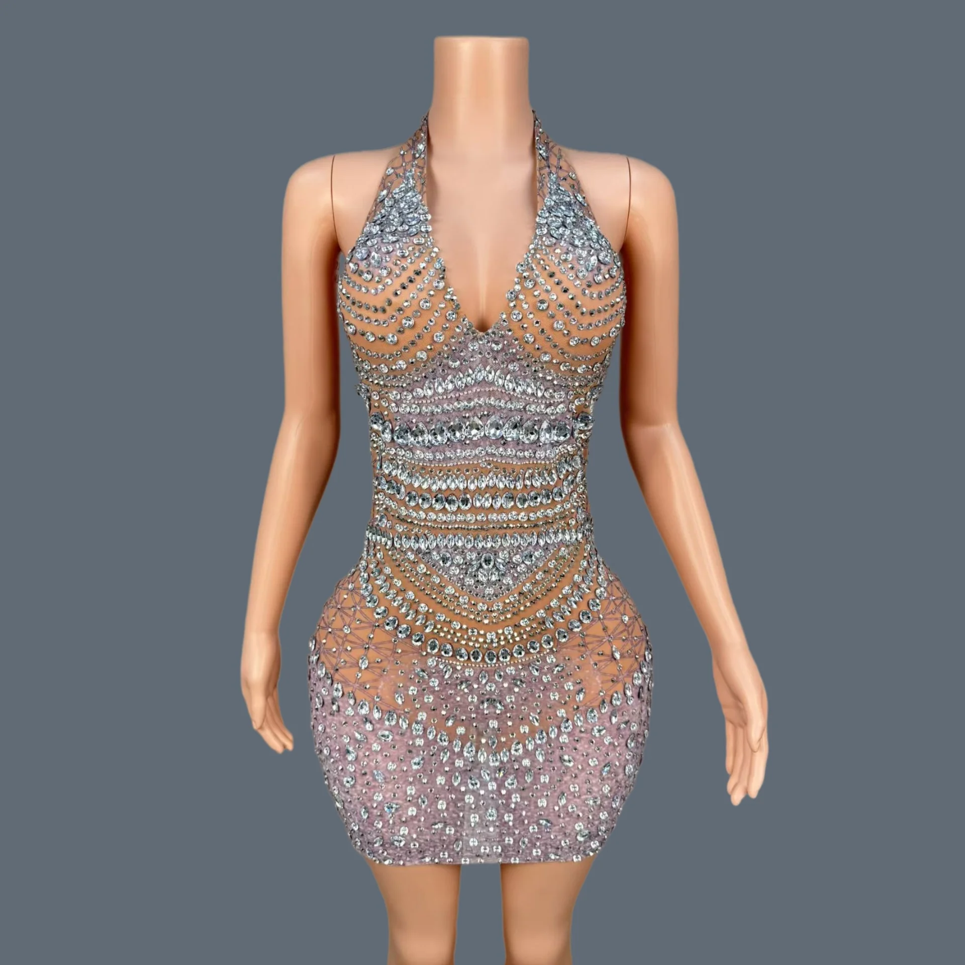 

Women Sparkly Rhinestone Deep V Neck Short Dress Celebrate Birthday Club Mesh Evening Dress Sexy Hotwife Stage Outfit Yanshi