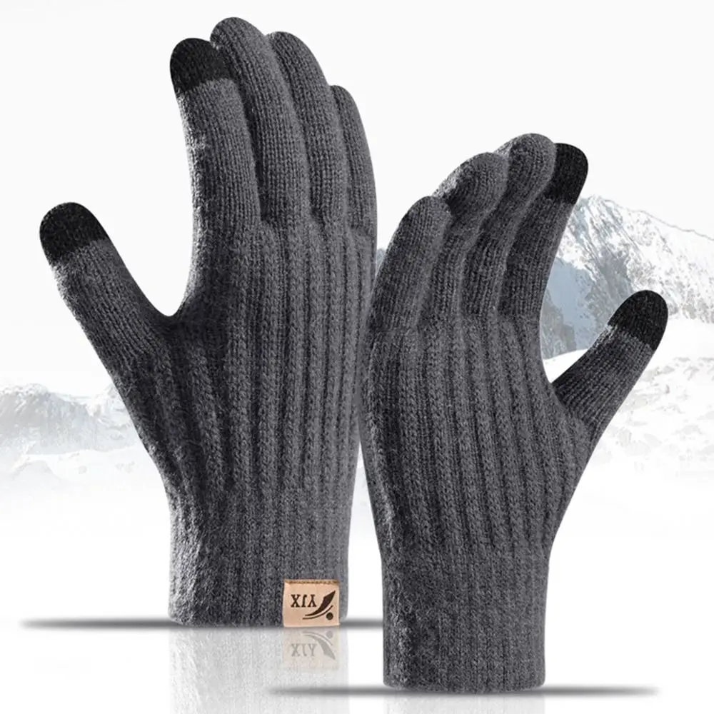 Fashion Warm Winter Knitted Gloves Lining Thickened Wool Gloves Elastic Windproof Cycling Gloves for Men Women