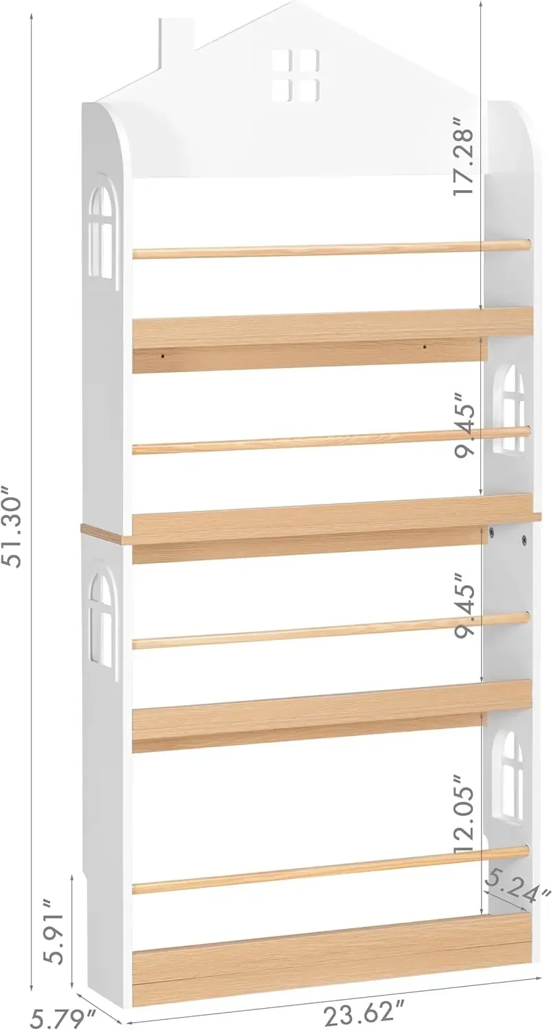 Kids Bookshelf Wall Mounted, 4-Tier Book Shelf Organizer, Tall Wooden Children's Bookcase, Storage Book Rack for Kids Room,