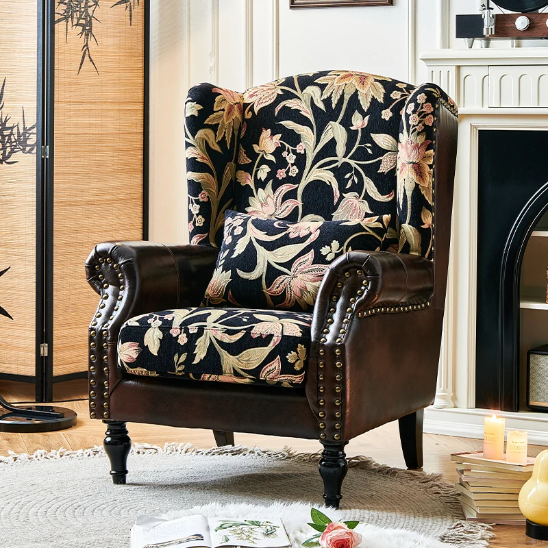 

Flowering Tiger Chair Fabric Leather Splicing American Living Room High Back Leisure Sofa