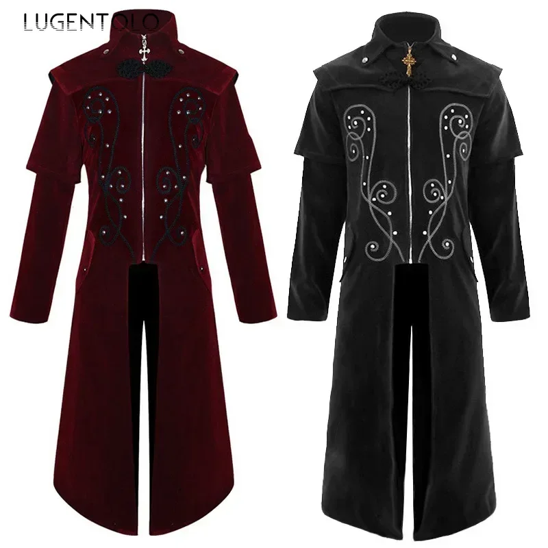 Masculino medieval trench gótico casacos retro gola cruz zíper traje renascentista uniforme halloween jaqueta longa