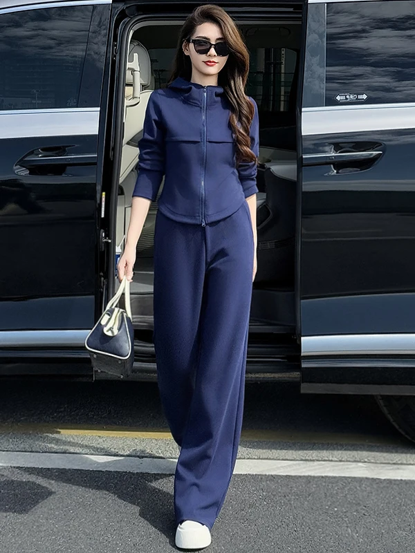 

Elegant Spring Women's Fashion Set Slim Fit Sweater Top Wide Leg Pants Casual Two Piece Set Comfortable High Waist Pants