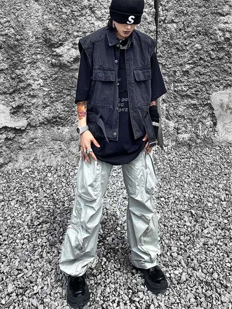 

Unisex Distressed Jeans Vest Oversized Fit High Street Casual Jacket Waterproof Workwear Vest