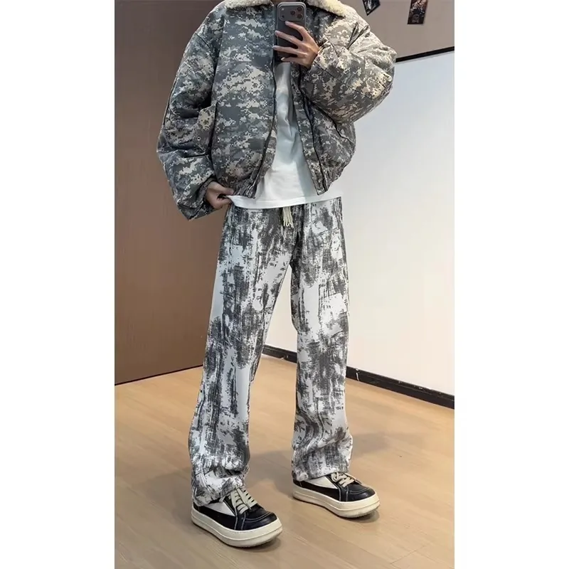 

Men's Corduroy Pants Loose Straight Leg Casual Tied Dye Fce Lined Autumn Winter Vintage American Sport Sweatpants