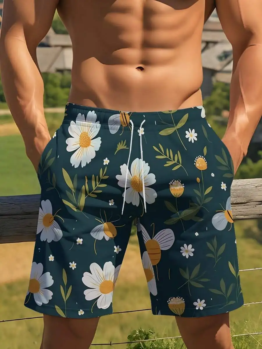 

Mens Floral Print Beach Shorts Casual Drawstring Swim Trunks