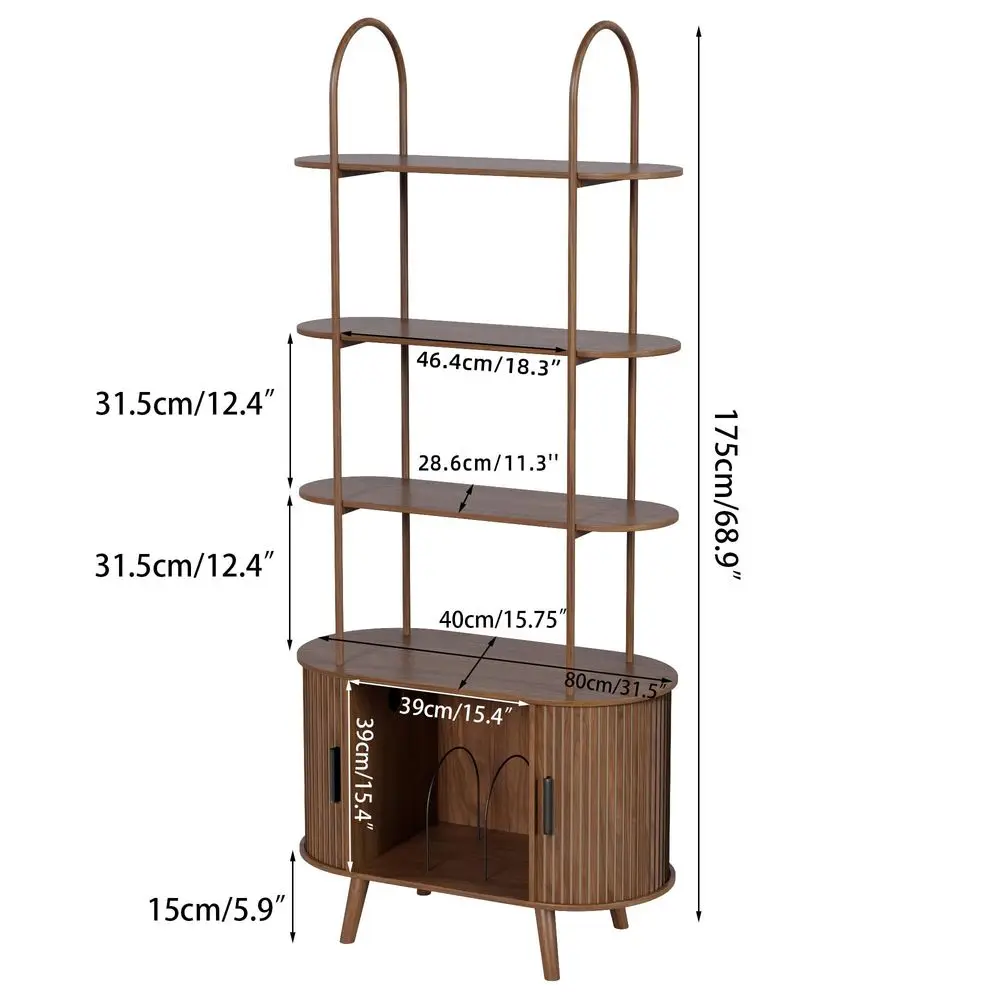 

Vinyl Record Player Stand, 4 Tier Arched Bookshelf with Sliding Doors, Retro Small Record Storage Cabinet, Fluted Media Display