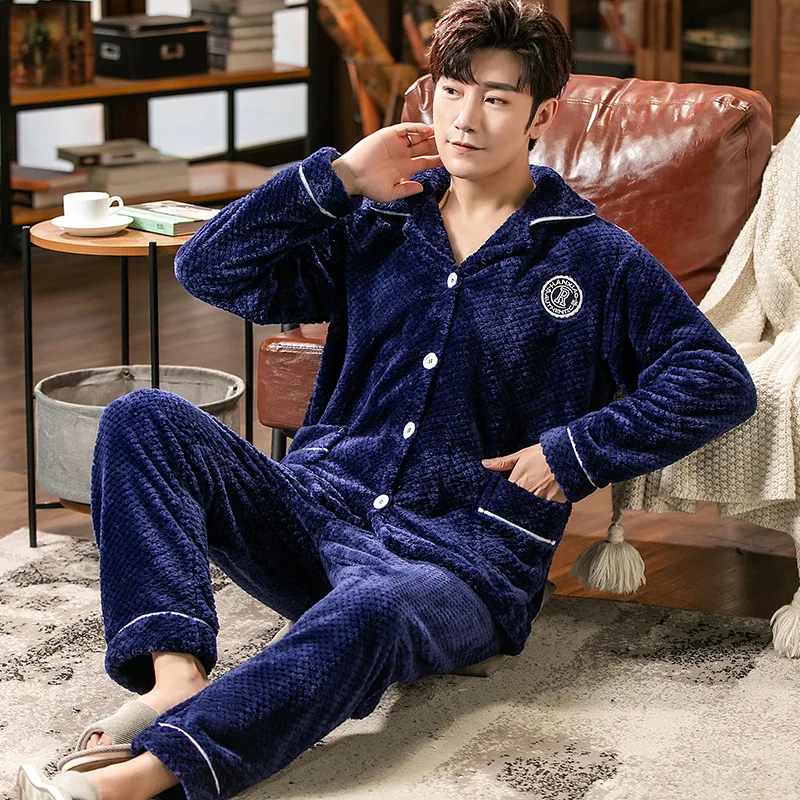 

2 Pieces Set Flannel Sleepwear For Men Winter Thicken Warm Nightwear Male Coral Fleece Pijamas Set Pyjamas Homewear Clothes