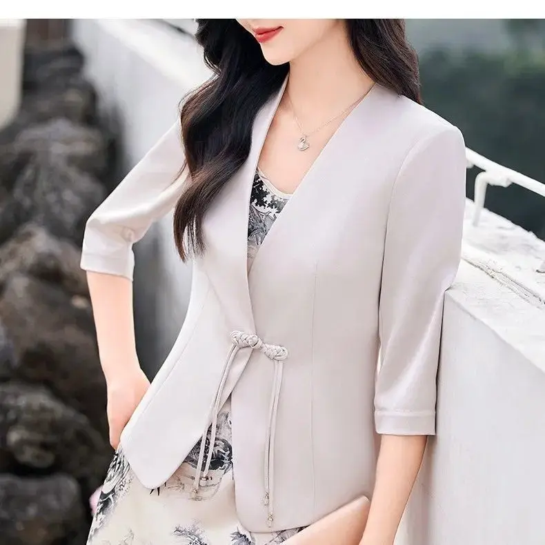 Elegant Chinese Style Suit Coat Women Spring Summer2026New Cropped Sleeve Blazer Jacket Femme Thin Temperament Lady Overwear Top