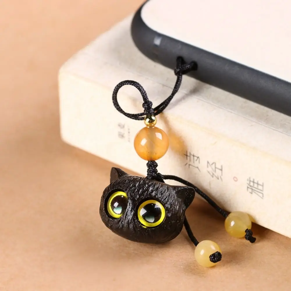 1pc Ebony Cute Black Cat Head Keychain Decor for Mobile Phone Chain Hand-knitted Creative Sandalwood Little Cat Pendant Gifts