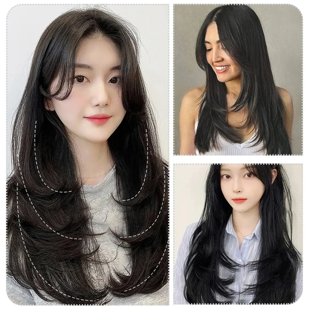 女性用合成かつら,長くて滑らかなヘアエクステンション,取り外し可能なアクセサリー,ワンピース,V字型