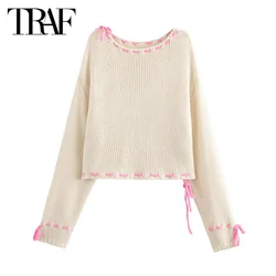 TRAF Women's Sweaters Long Sleeve Pullovers Top Ladies Fashion Casual Cute Elegant Butterfly Lace-Up Beige Knitted Sweater Top