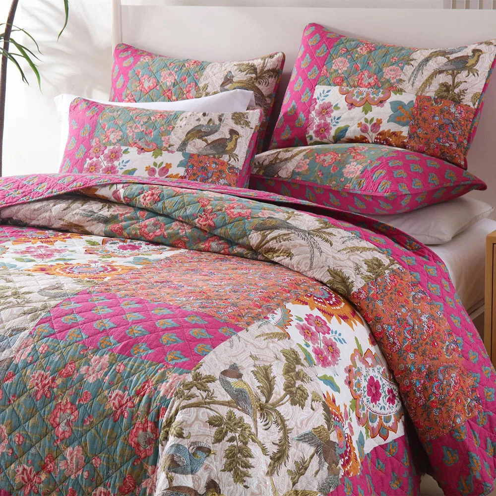 Country Style Handmade Patchwork Quilt Set 100% Cotton Summer Lightweight Bedspread Coverlet 3pcs King Queen Size