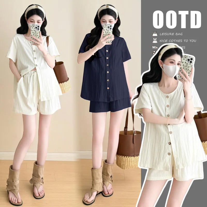 

2025 Summer Maternity Set: Chanel-Inspired Linen Shorts Set -Sophisticated Two-Piece Pregnancy Outfit for Stylish Expecting Moms