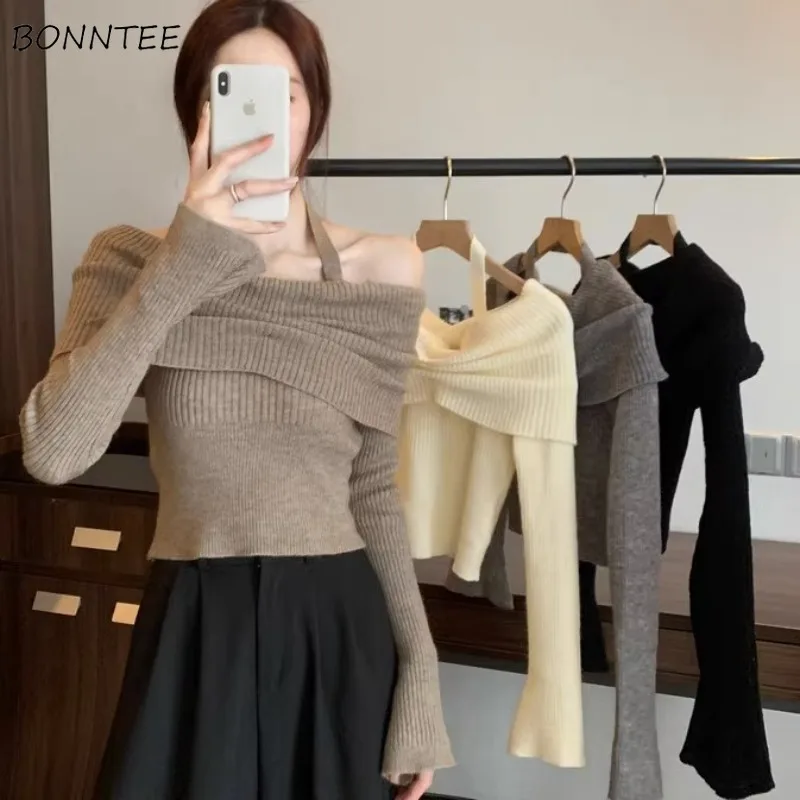 

Вязаные пуловеры для женщин Tender Basic Classic Jumpers Slash Neck Crop All-match 이너니트 Корейская Мода Sexy Daily Hot Sale 2024 New