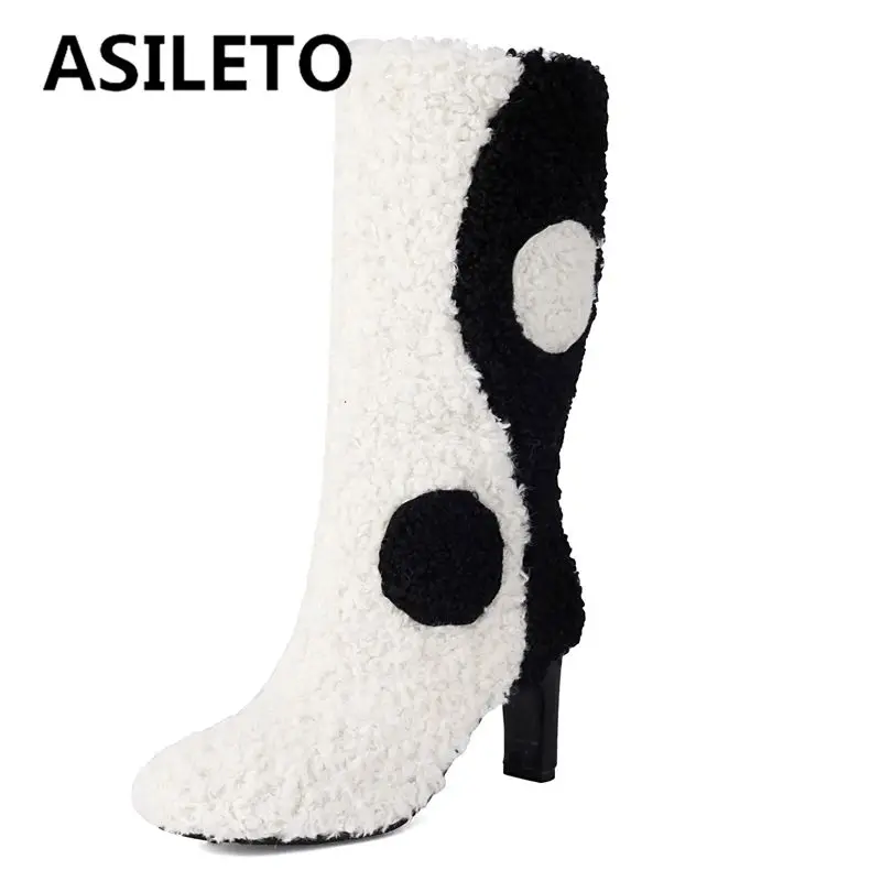 ASILETO Tai ji ฤดูหนาว WARM BOOTS Plush ผู้หญิงรองเท้าส้นสูง 7.5 ซม.ผสมสีขนาดใหญ่ 43 44 กลางกลางลูกวัว Bota