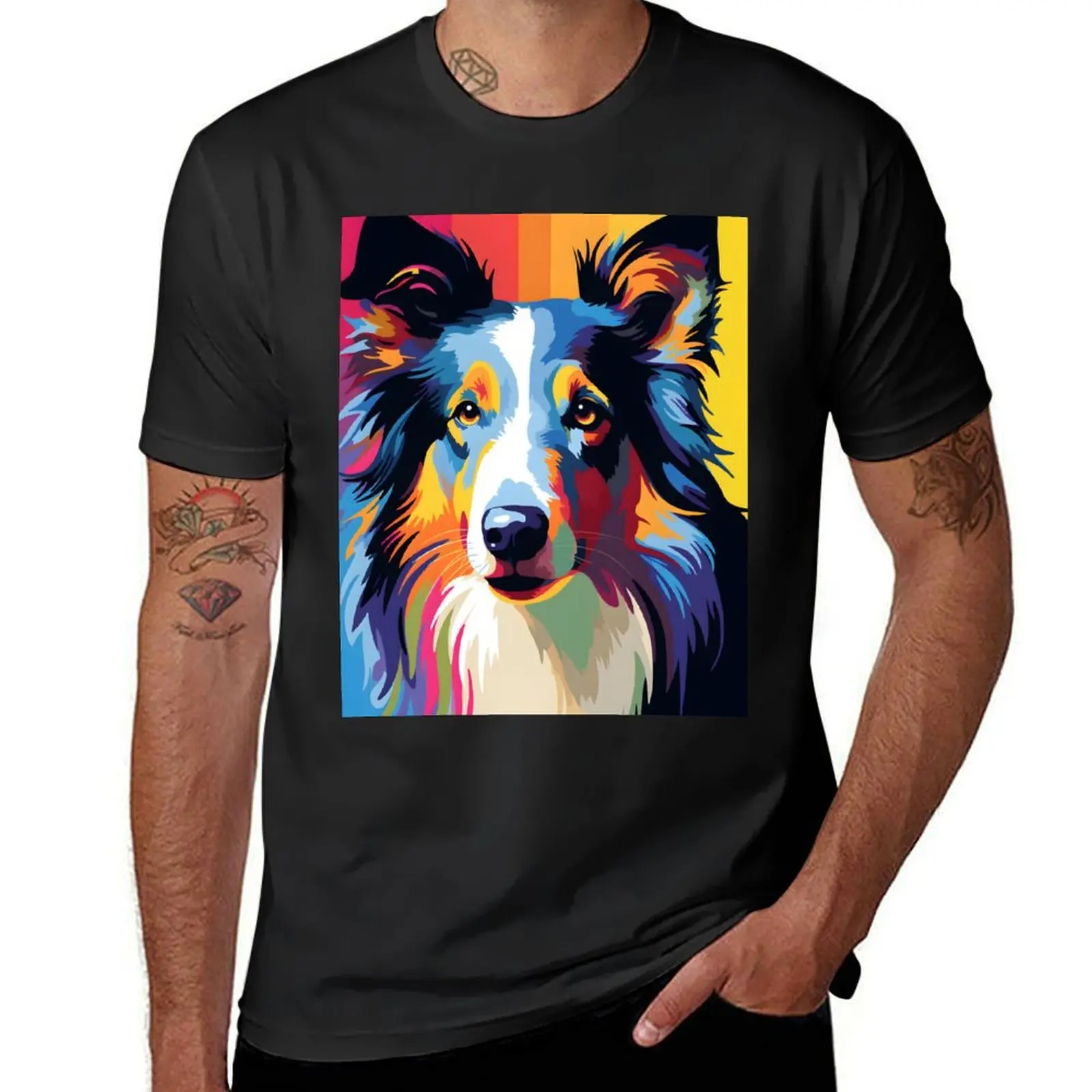 Collie dog portrait colorful art set T-Shirt vintage heavyweights mens cotton t shirts