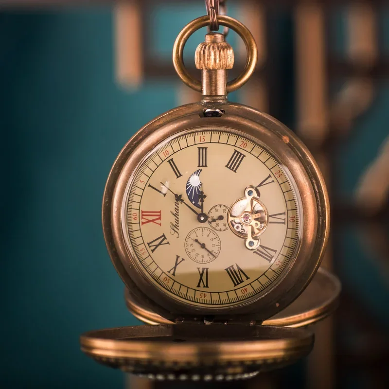 حركة الشمس والقمر والنجوم الملاك البرونزي مزدوجة مفتوحة الوجه دليل ساعة الجيب الميكانيكية العتيقة الكنز التذكاري الرجل العجوز