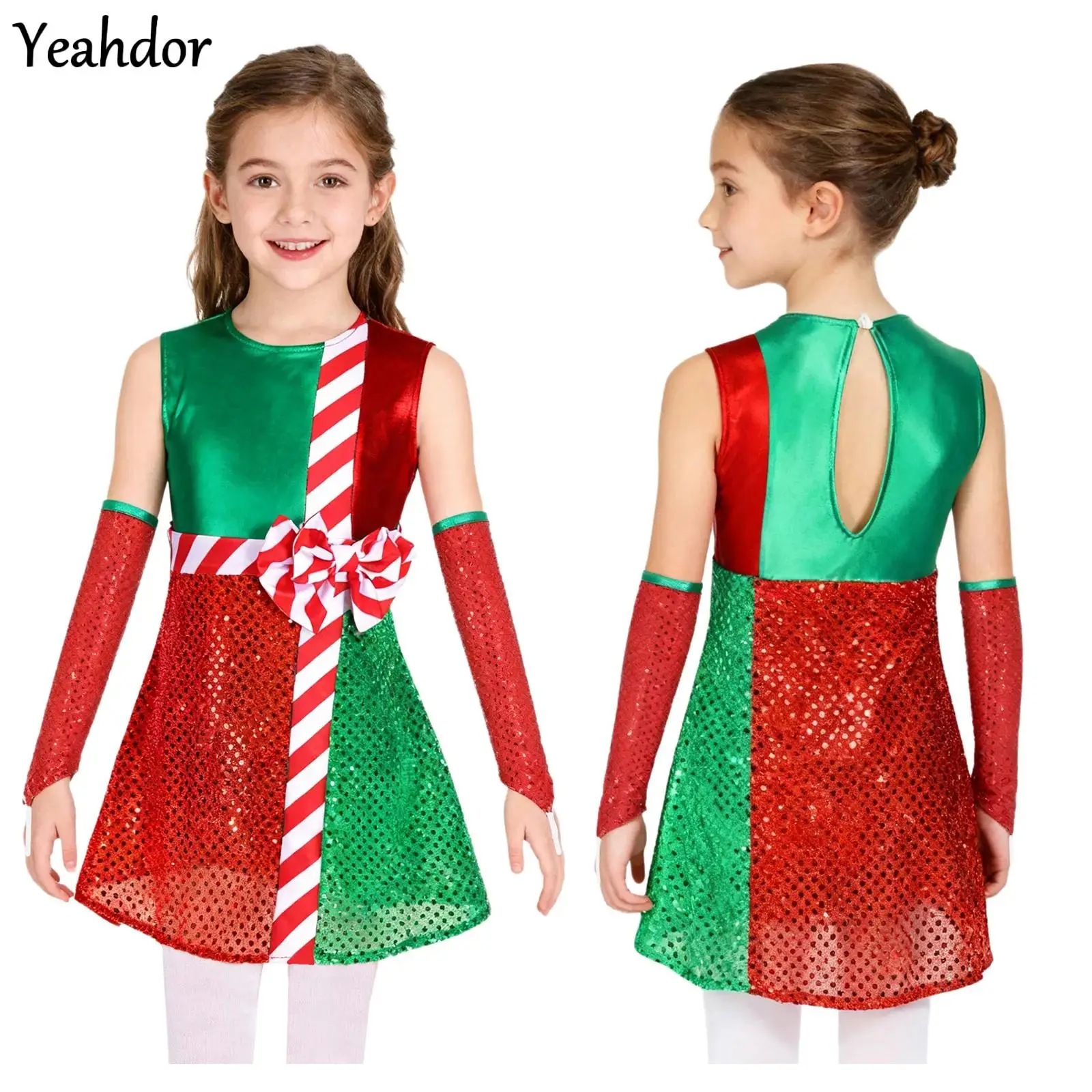 

Girls Christmas Dance Leotard Dress Candy Cane Striped Jumpsuit Sequins Ballet Tutu Dress Halloween Circus Santa Claus Cosplay