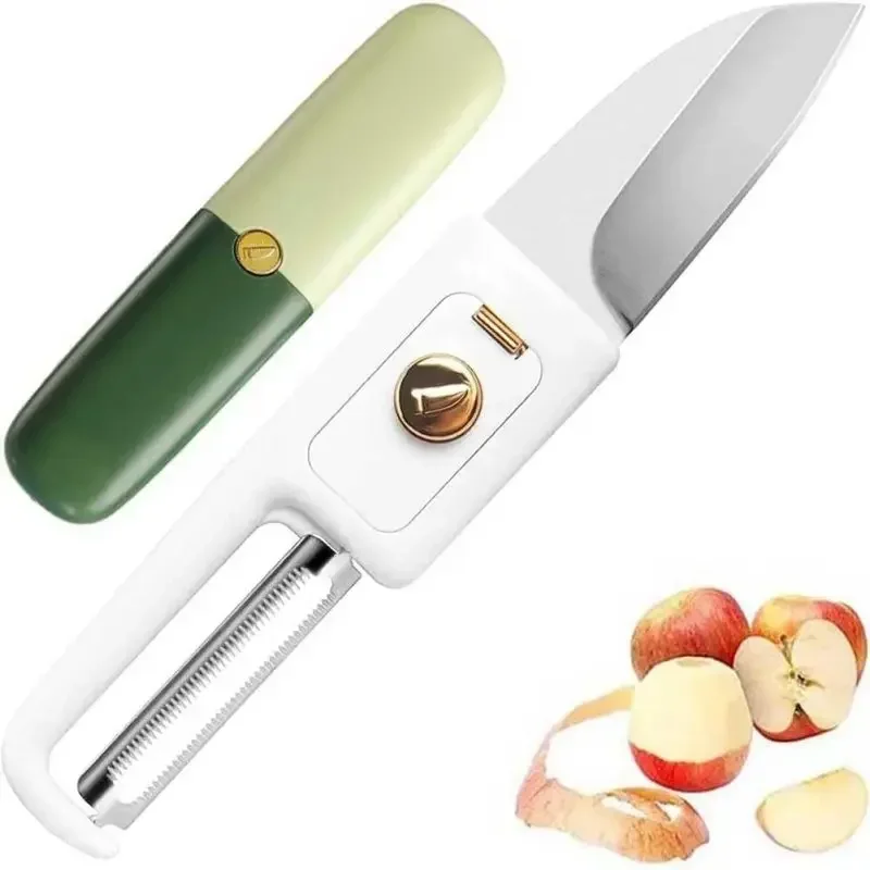 Peeler Knife Tools Slice & Peel Portable Push-Button Apple Peeler Double-Ended Paring Knife Stainless Steel Fruit Paring Knife