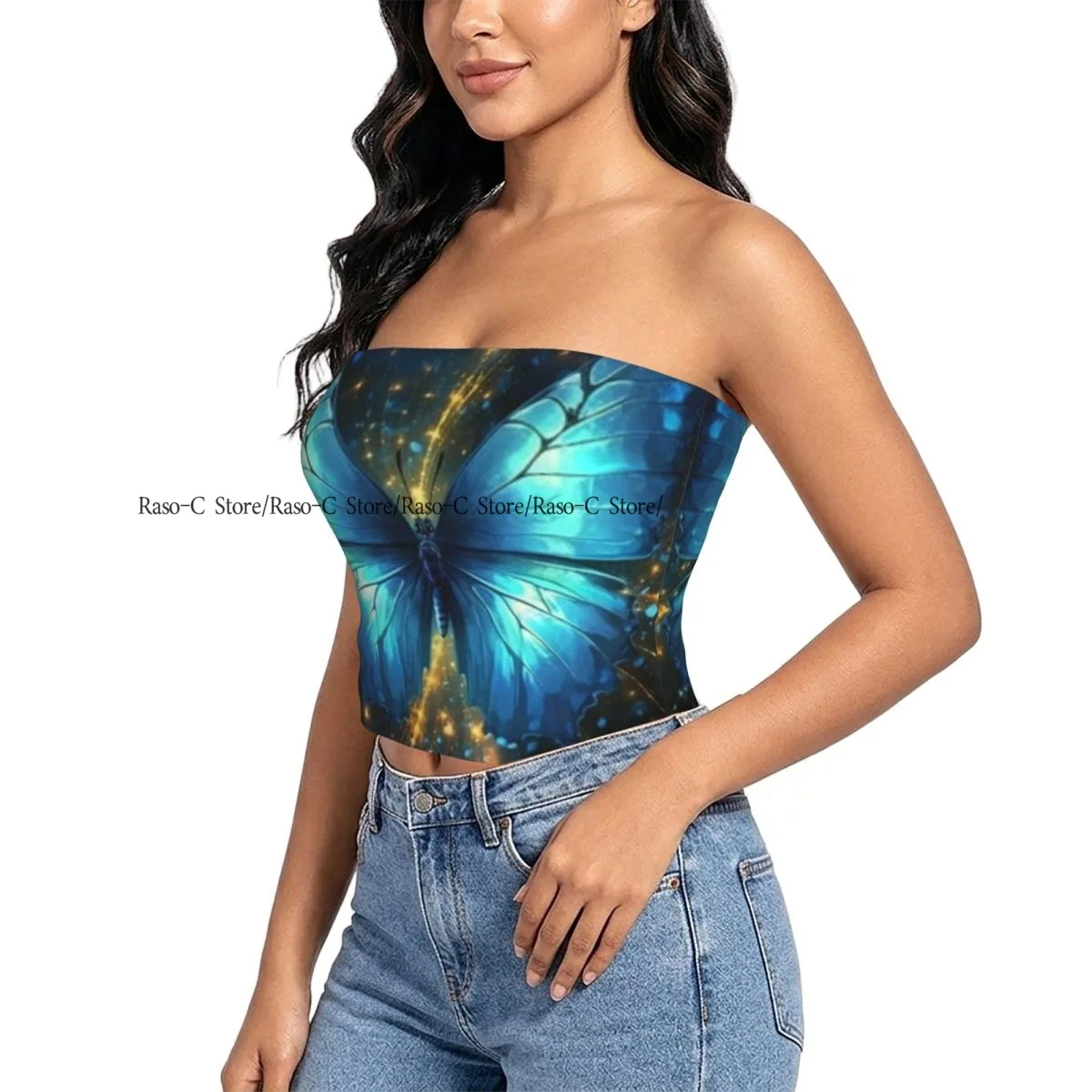 Women's strapless halter top Butterfly In The Space Fractal Art Background summer sexy short-sleeved top