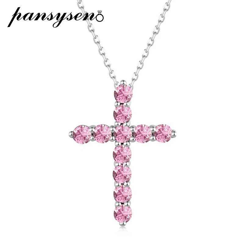 

PANSYSEN Romantic 925 Sterling Silver Pink Sapphire High Carbon Diamond Pendant Necklaces 18K White Gold Plated Wedding Jewelry