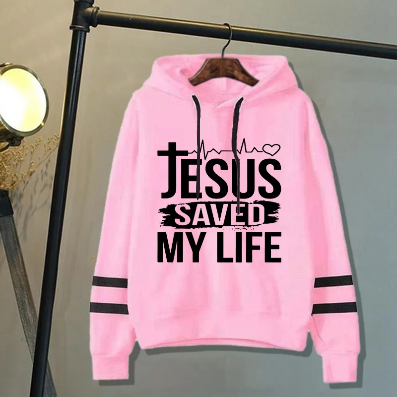 New Jesus Saved My Life Printed Long Sleeve Pullover Hoodies For Women And Men Casual Sweatshirts Autumn Winter Stripe Hoodies