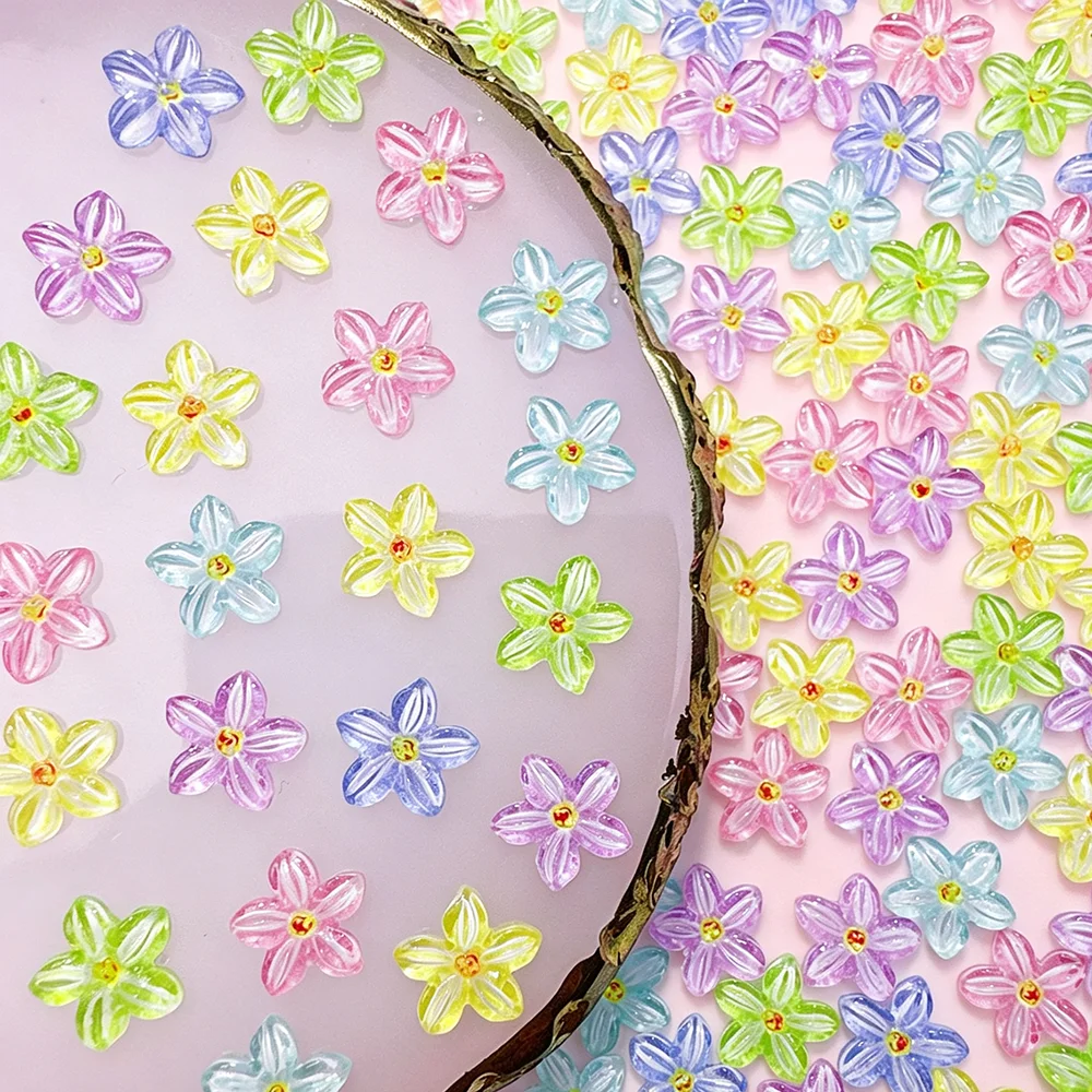 50pcs Cute Resin Flower Nail Charms 3D Mixed Ice Translucent Five-petaled Floral Nail Art Decoration Summer Fresh Manicure Decor
