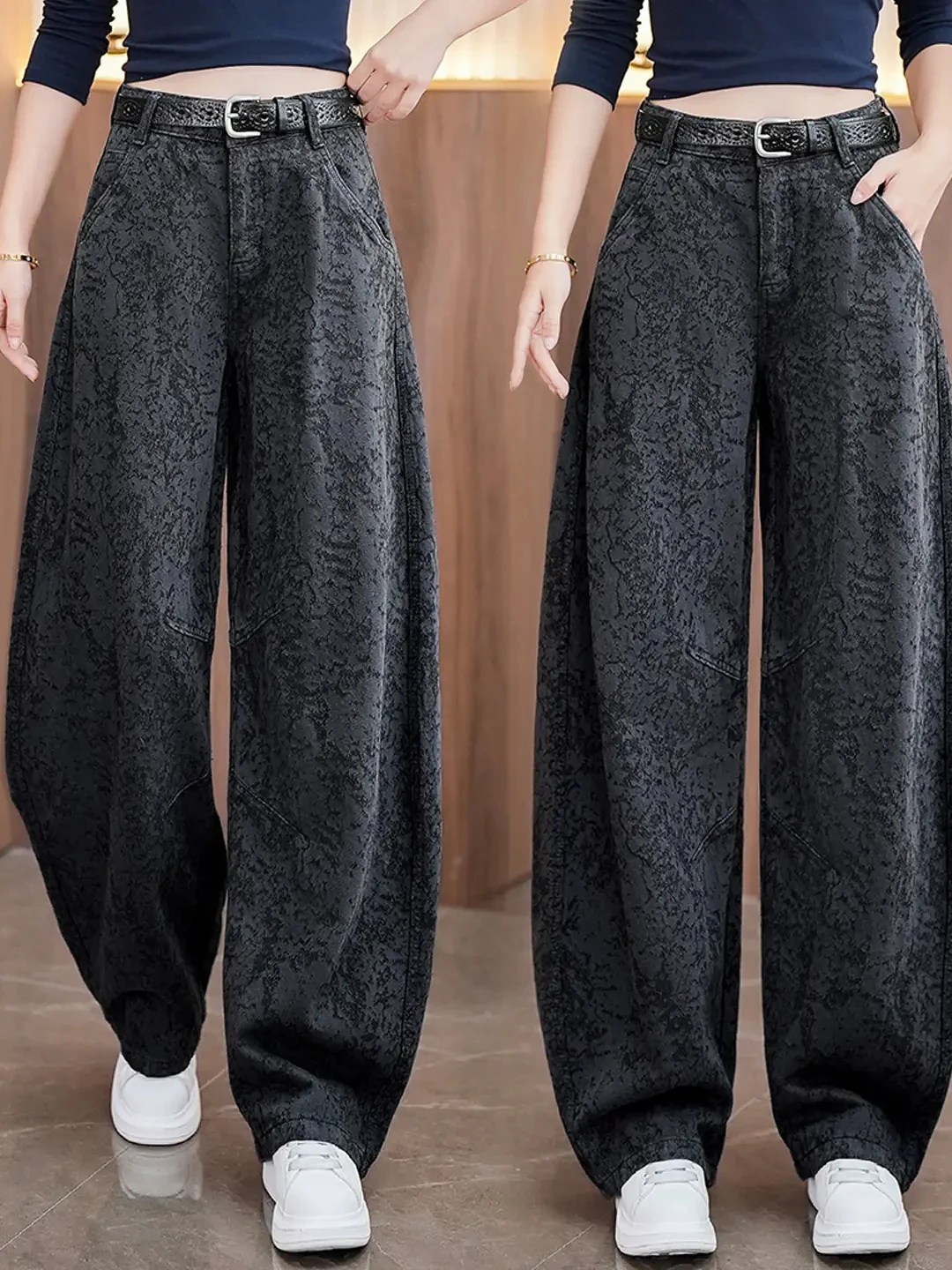 Women's Wide Leg Jeans High Waist Tie Dye Floral Print Comfortable Loose Fit Autumn Fashion High Quality Denim Pants